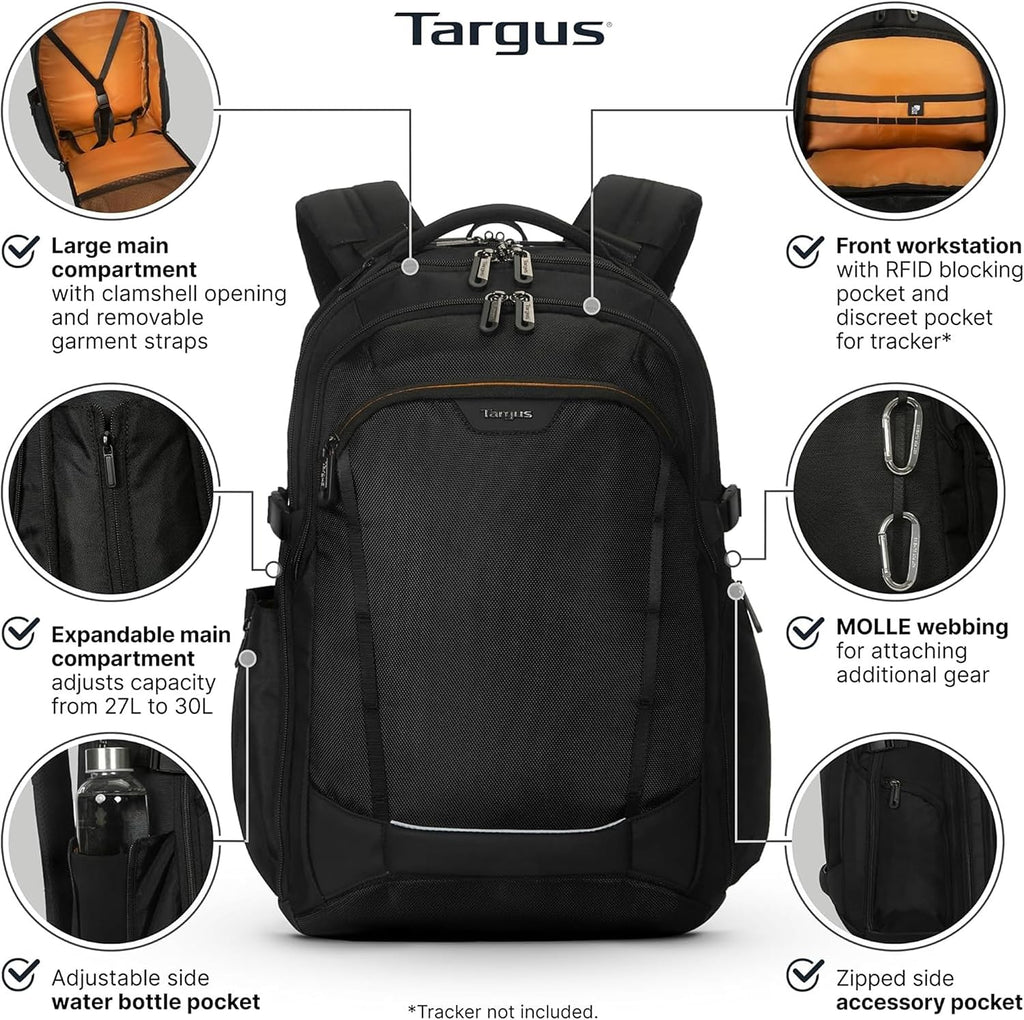 Targus Voyager EXP Mochila de viaje de 17 pulgadas, mochila expandible para laptop de 27L a 30 L, apta para puntos de control TSA, resistente al agua, bolsillo con bloqueo RFID, se adapta a portátiles