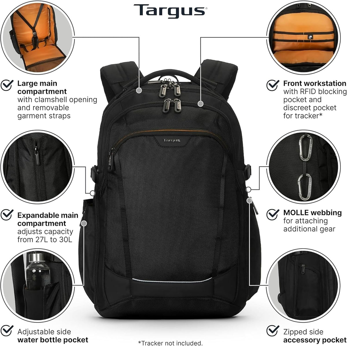 Targus Voyager EXP Mochila de viaje de 17 pulgadas, mochila expandible para laptop de 27L a 30 L, apta para puntos de control TSA, resistente al agua, bolsillo con bloqueo RFID, se adapta a portátiles