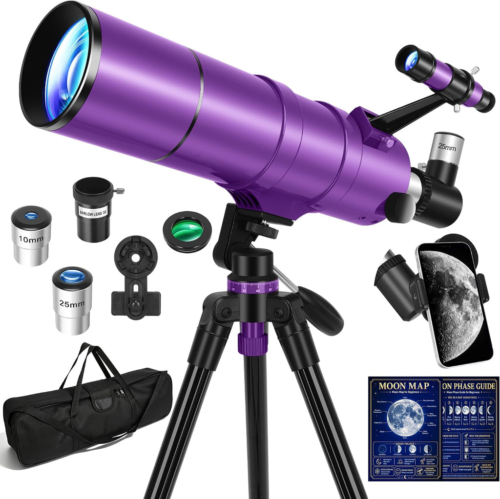 Telescopio para Adultos y Niños, Abertura de 90 mm y 600 mm de Refractor para Principiantes de Astronomía, Telescopio portátil de viaje con Trípode, Adaptador para teléfono, Filtro lunar, Bolsa de transporte y Guía de fases de la Luna
