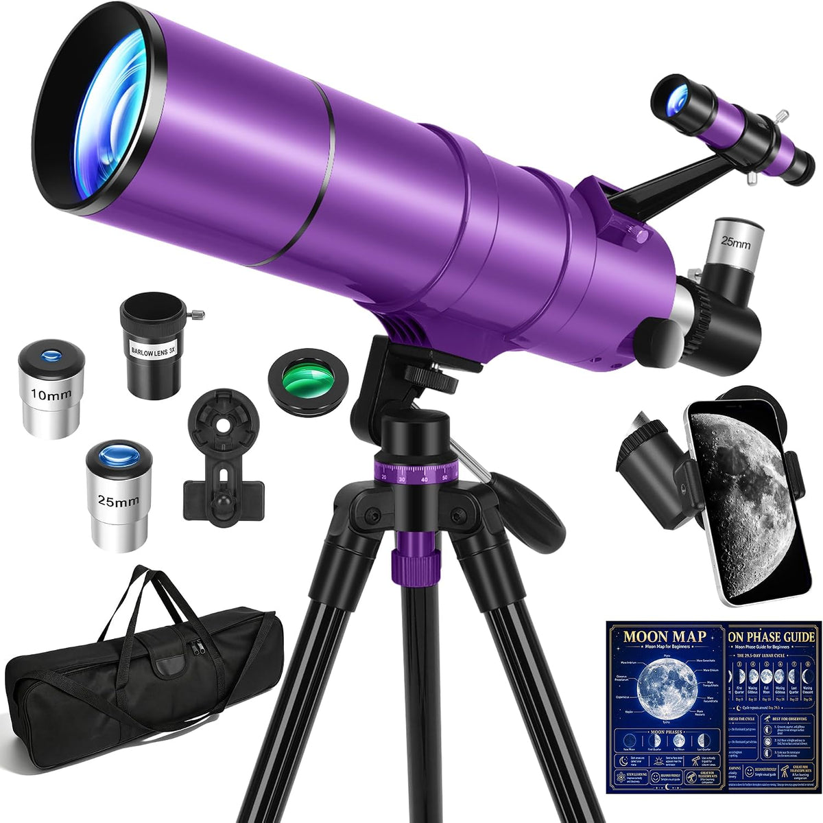 Telescopio para Adultos y Niños, Abertura de 90 mm y 600 mm de Refractor para Principiantes de Astronomía, Telescopio portátil de viaje con Trípode, Adaptador para teléfono, Filtro lunar, Bolsa de transporte y Guía de fases de la Luna