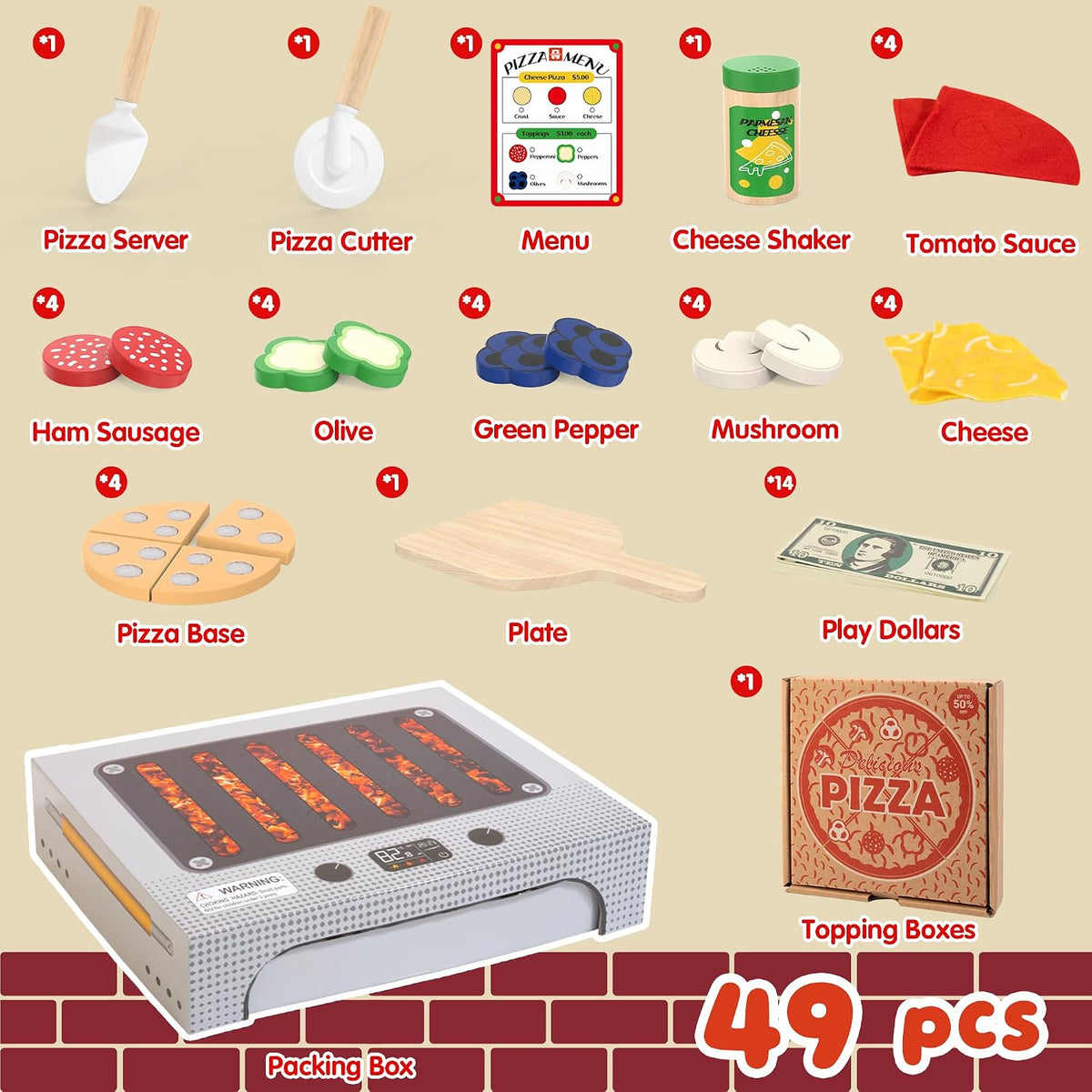 WOODMAM Juego de juguetes de pizza, comida realista Montessori con caja de