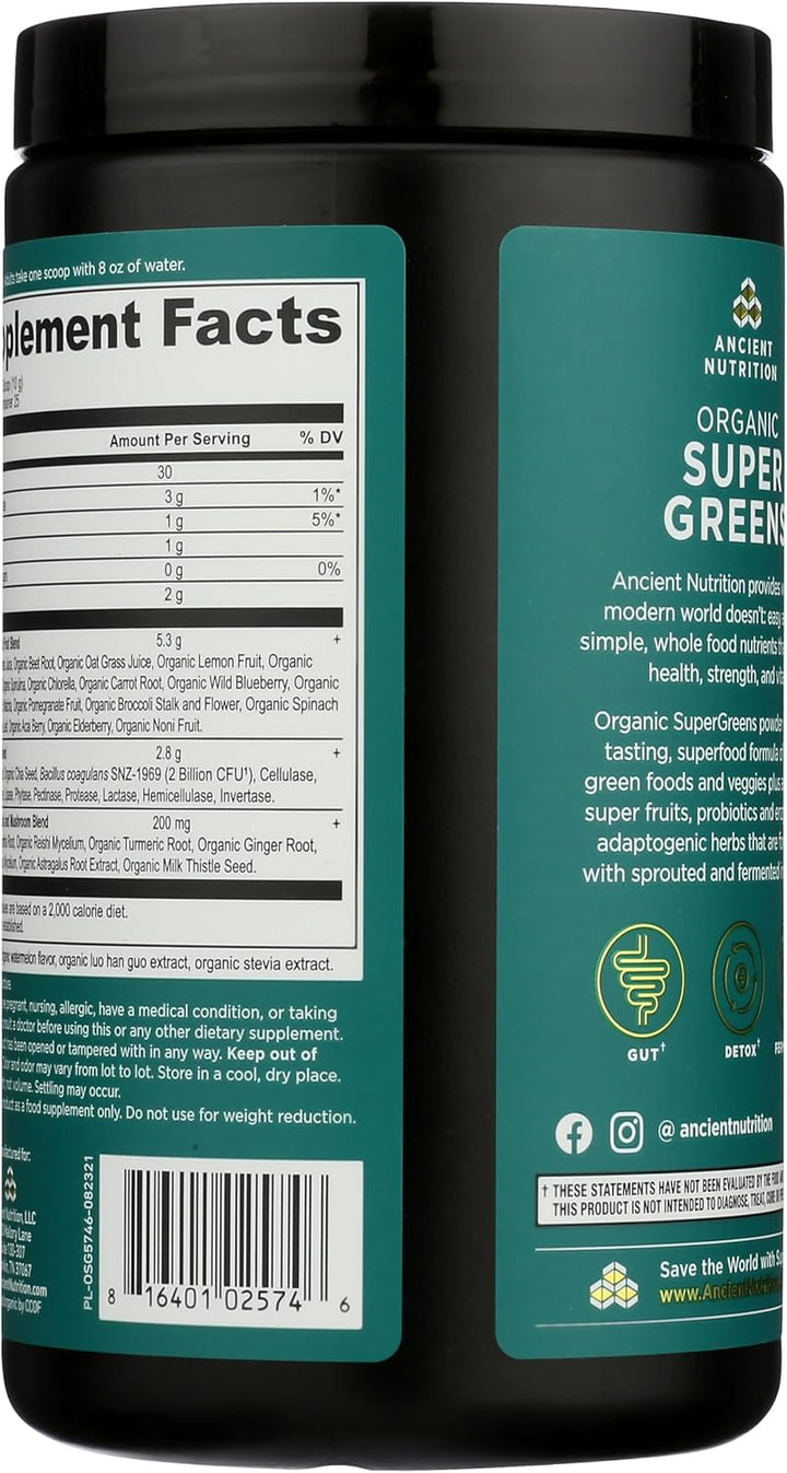 Ancient Nutrition SuperGreens Polvo con Probióticos, Sabor Sandía O...