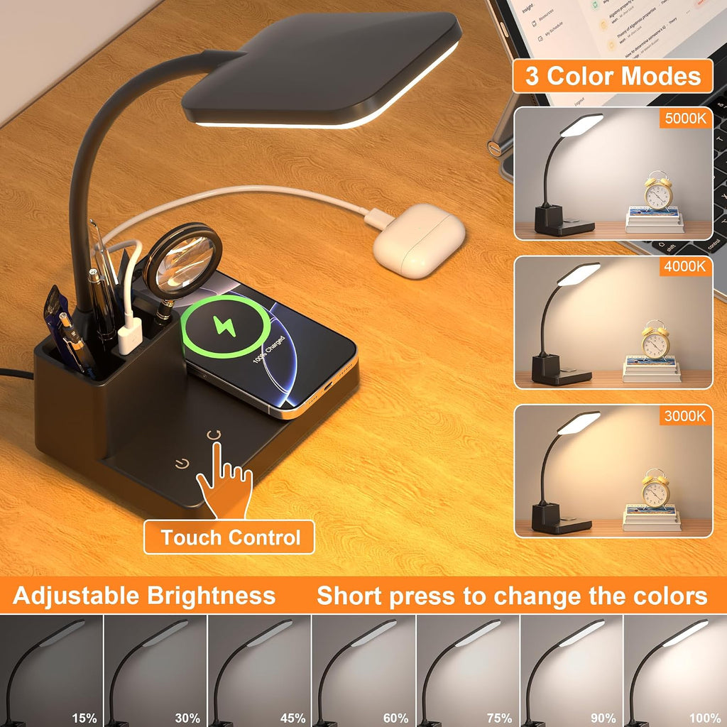 Lámpara Lámpara de escritorio de carga inalámbrica con carga USB y soporte para bolígrafo, color negro mate
