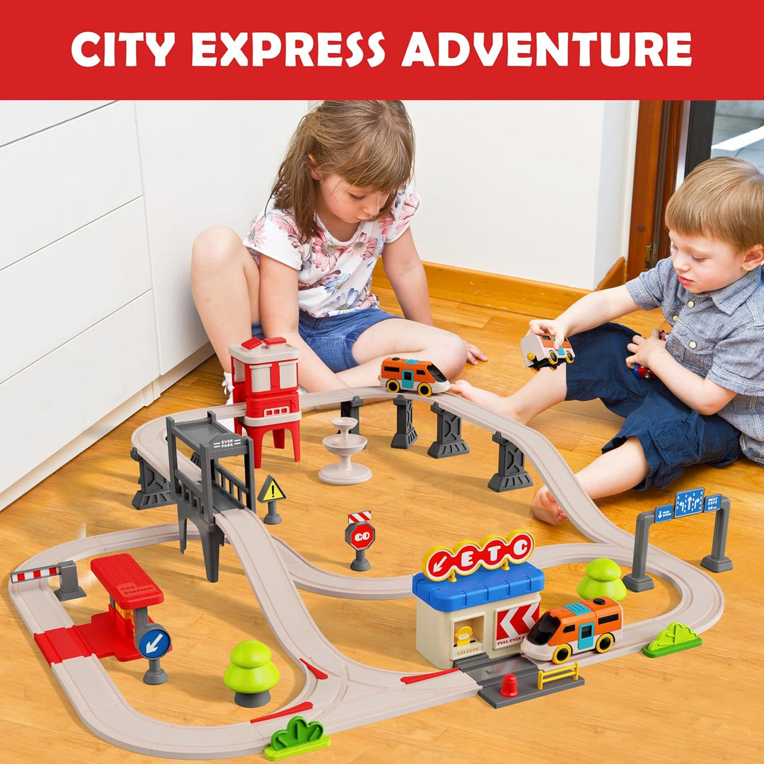 Juego de tren urbano para niños 55 piezas de tren