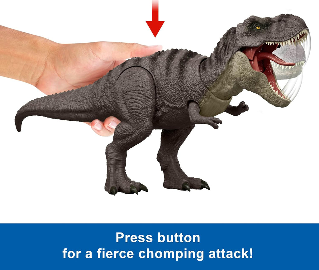 Jurassic World T-Rex figura de acción, juguete de dinosaurio, ataque de mordisco