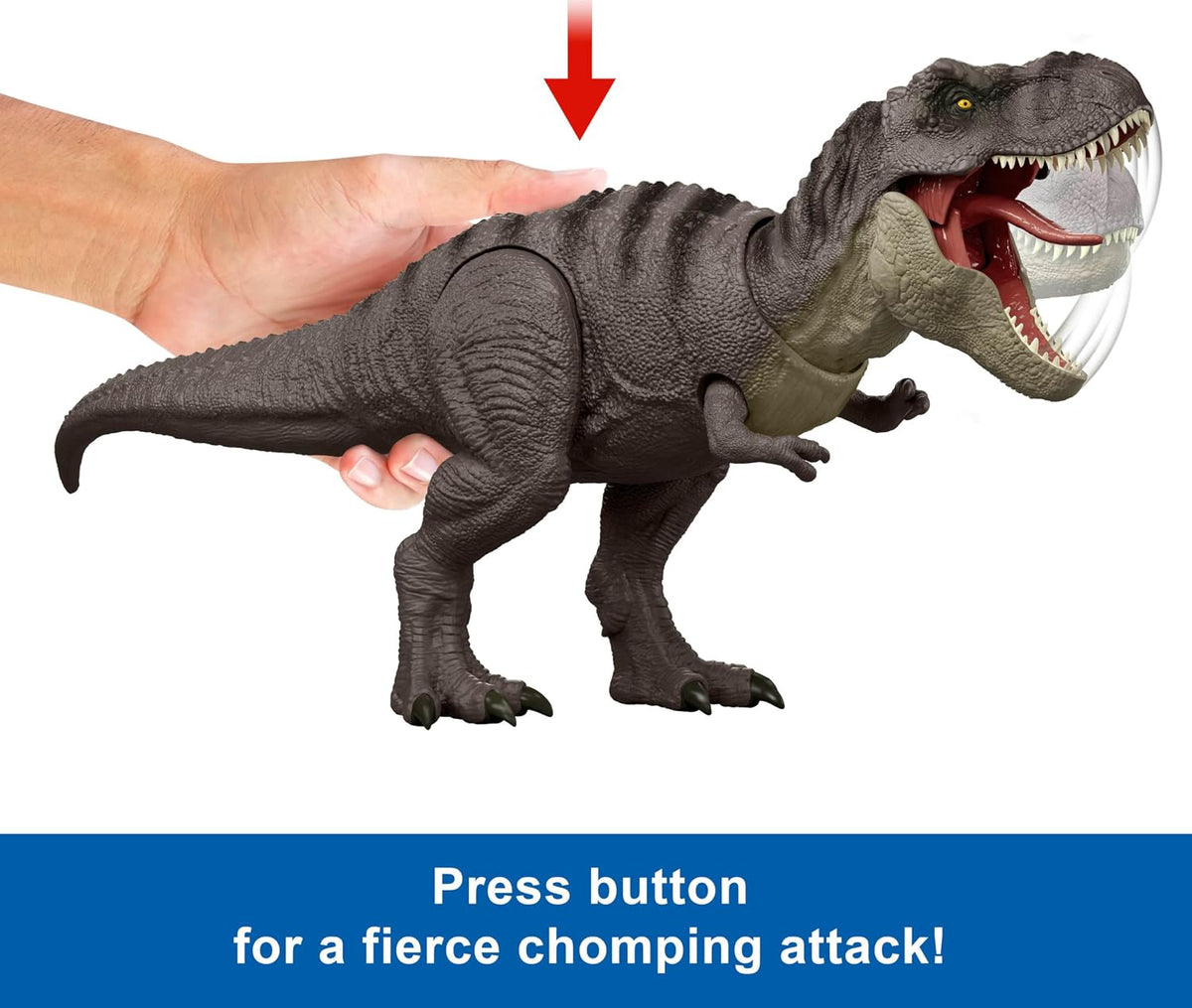 Jurassic World T-Rex figura de acción, juguete de dinosaurio, ataque de mordisco