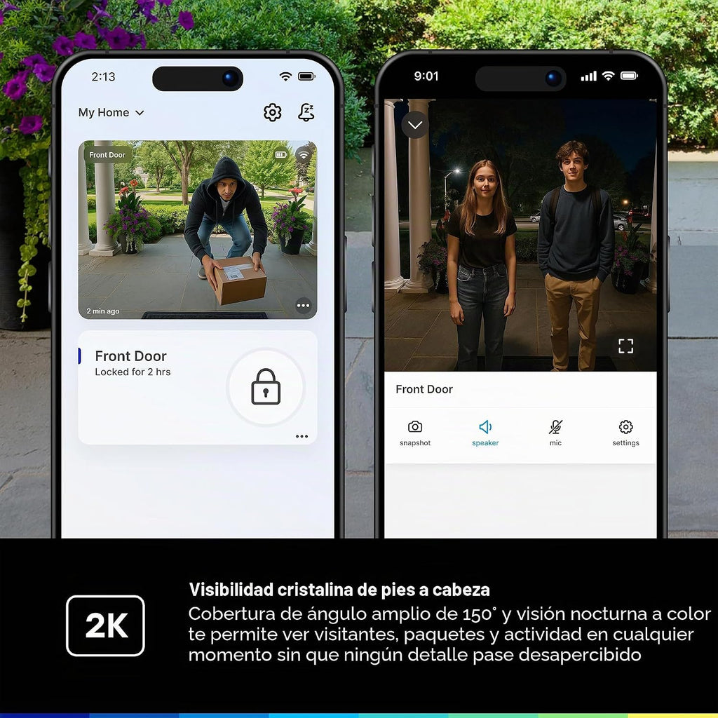 myQ Secure View™ - Cerradura inteligente 3 en 1 + timbre myQ + batería adicional, bloqueo de entrada sin llave, cámara de timbre HDR 2K, acceso facial, huella digital y PIN, control de aplicaciones