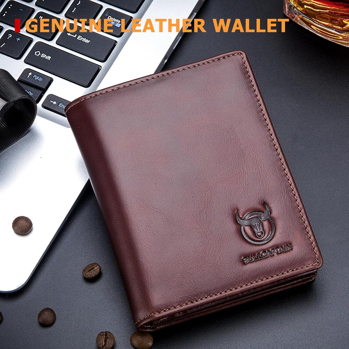 BULLCAPTAIN Cartera de cuero genuino plegable de gran capacidad para hombres con 15 ranuras para tarjetas QB-027