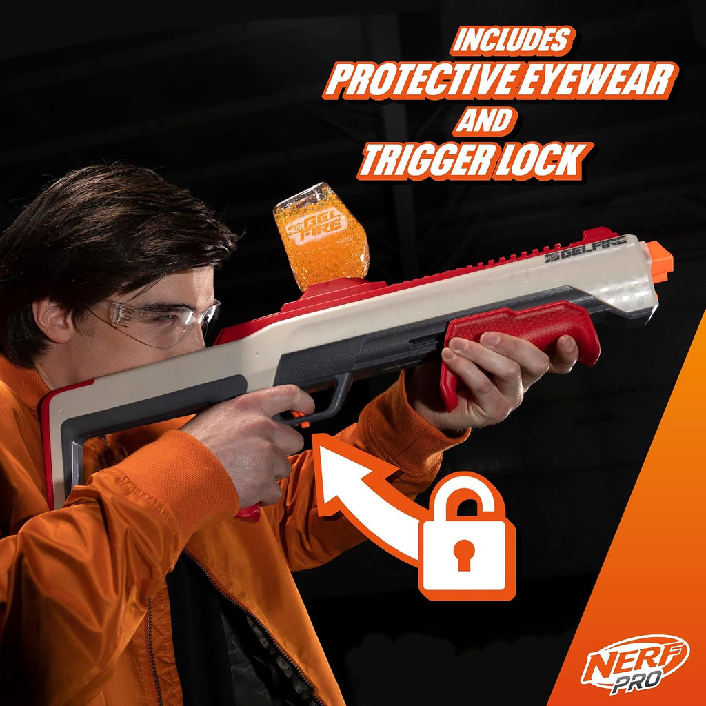 Nerf Pro Gelfire Raid Blaster, dispara 5 rondas a la vez, 10.000 rondas de gel, tolva de 800 rondas, gafas protectoras, juguetes para adolescentes de 14 años en adelante