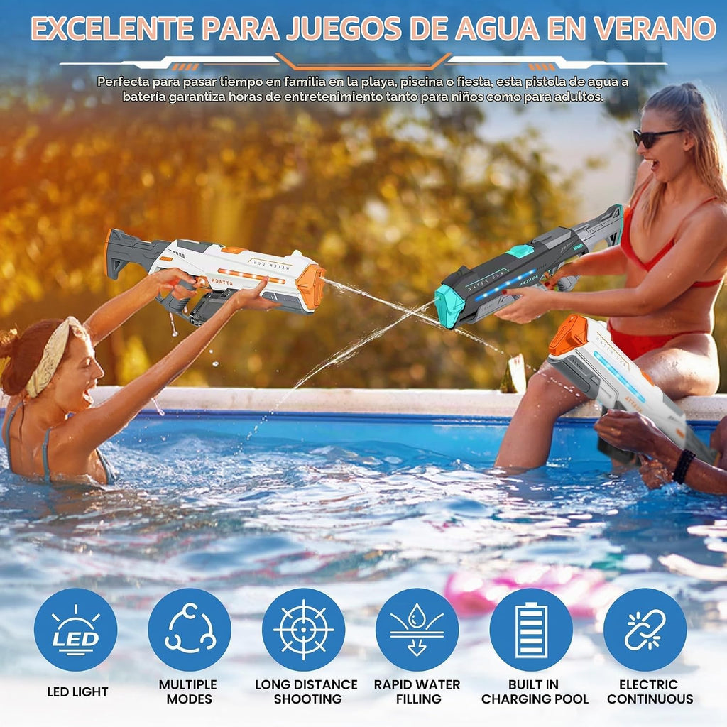 Paquete de 2 pistolas de agua eléctricas para adultos, pistolas de chorro para niños con luz y gran capacidad, potente pistola de agua de hasta 28-32 pies de alcance para verano, piscina, fiesta