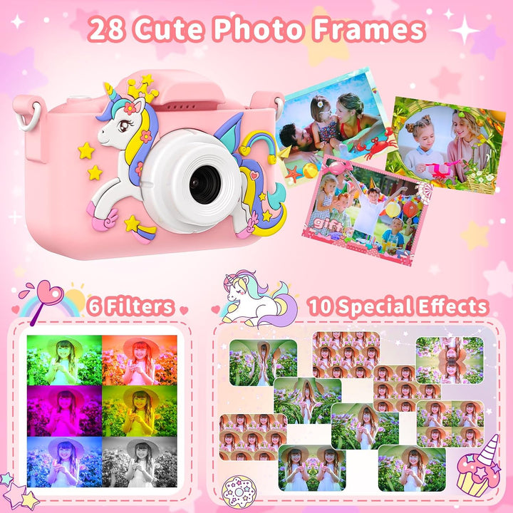 Cámara de unicornio rosa para niños, cámara digital para niños pequ...