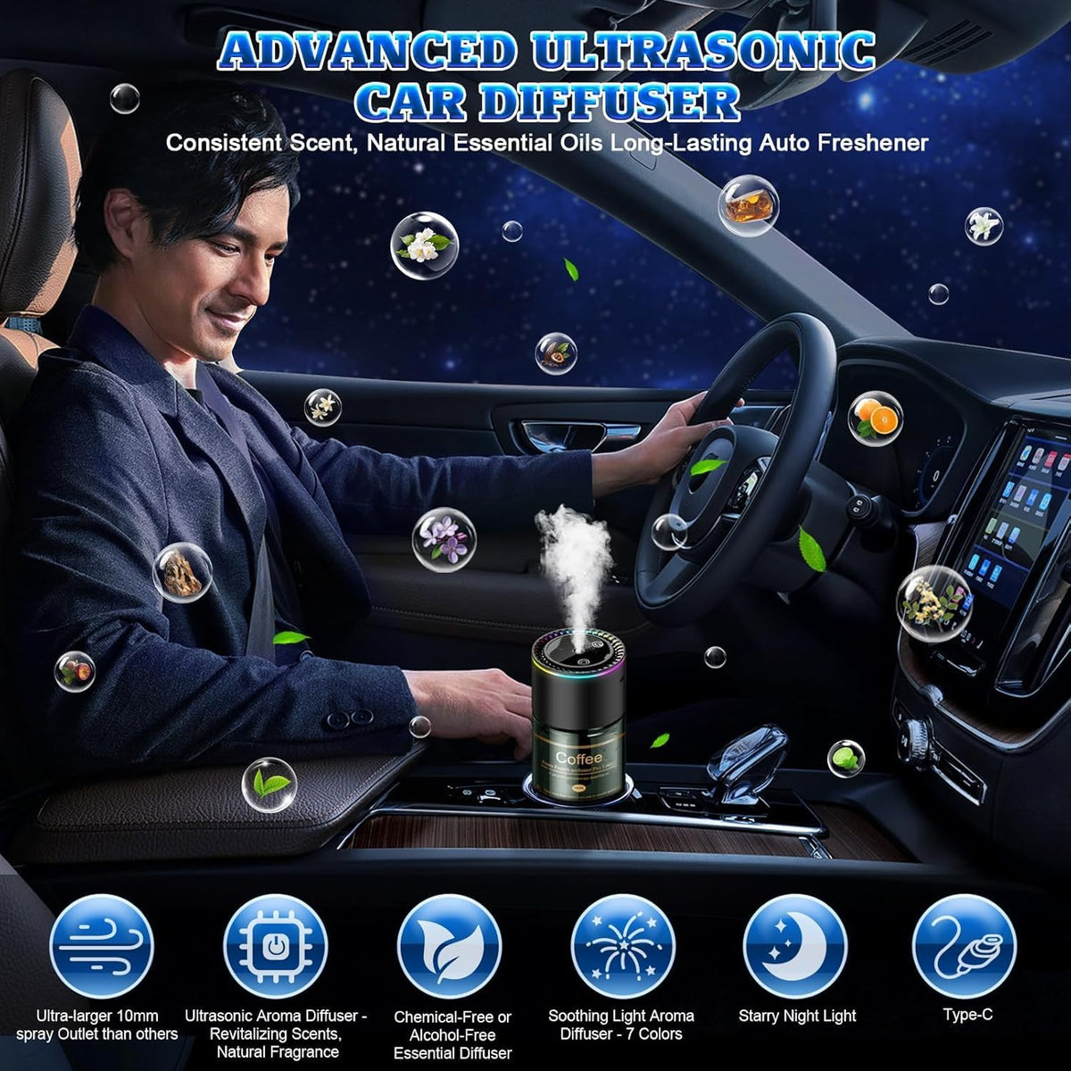 Difusor inteligente de ambientador para automóvil, difusor de aceite esencial de larga duración de 270 días para automóvil con sensor de encendido/apagado automático
