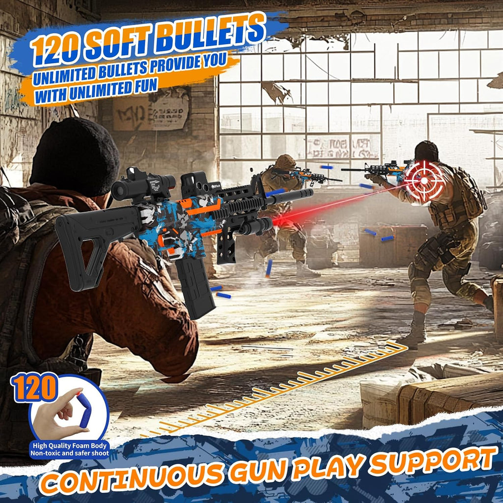 Pistola de juguete automática de espuma de francotirador con alcance, pistola de juguete eléctrica con 120 dardos para pistolas, IR, linterna, GDS, gafas, tecnología de bombas de aire, juego de