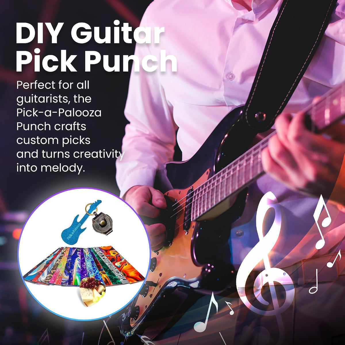 Gran kit de Pick-a-Palooza para hacer tus propias púas para guitarra, para regalo. Dispositivo prémium para fabricar púas. Cadena de cuero porta púas. 15 tiras para hacer púas, más una lima en forma de guitarra. Color azul, Azul/Plateado
