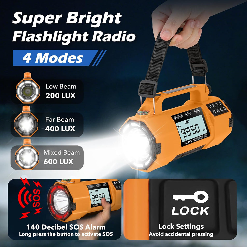 Radio solar de emergencia con manivela, radio meteorológica NOAA