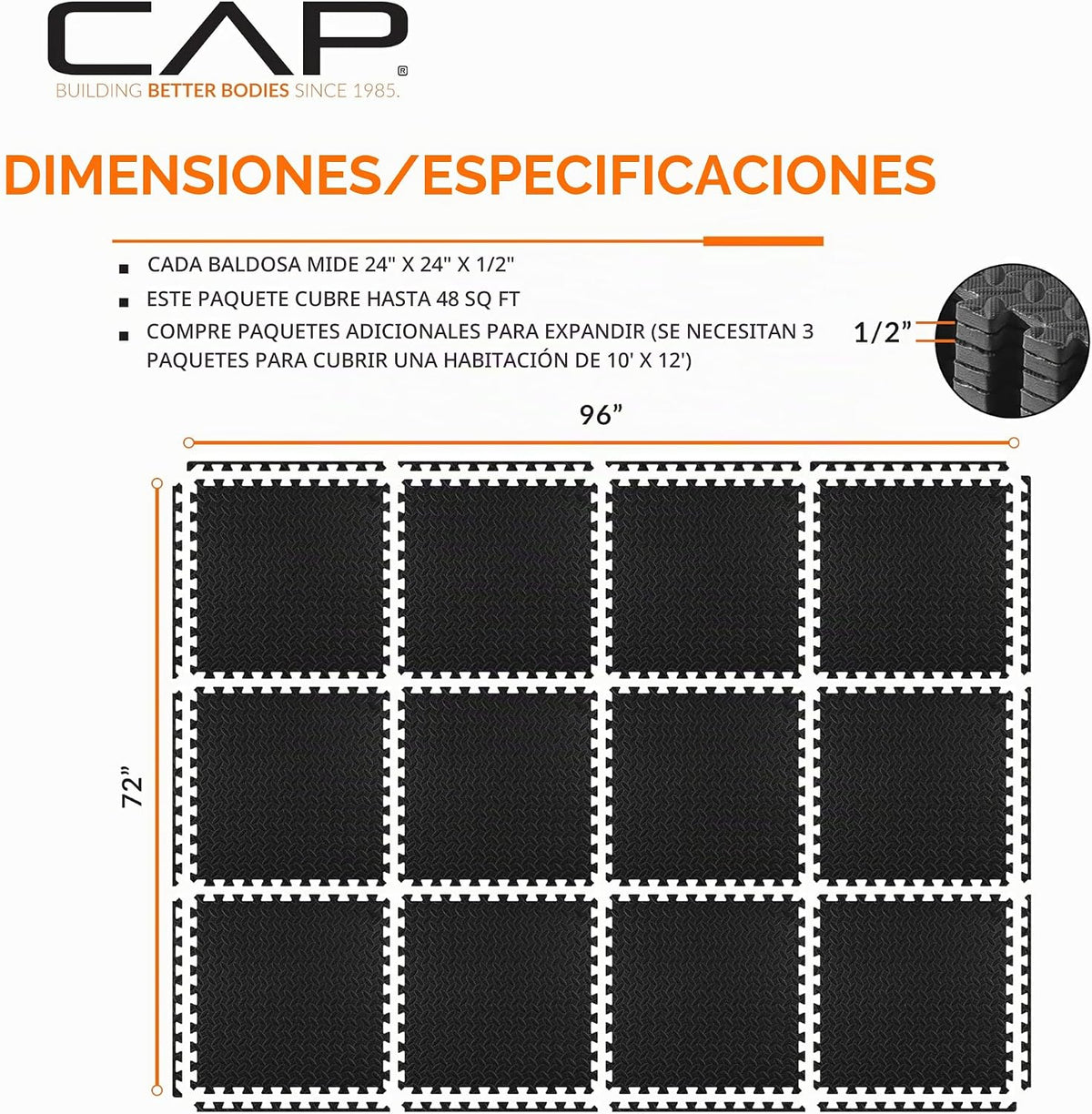 CAP Tapete de rompecabezas de ejercicio de espuma EVA entrelazable de 24 pulgadas, 1/2 pulgada