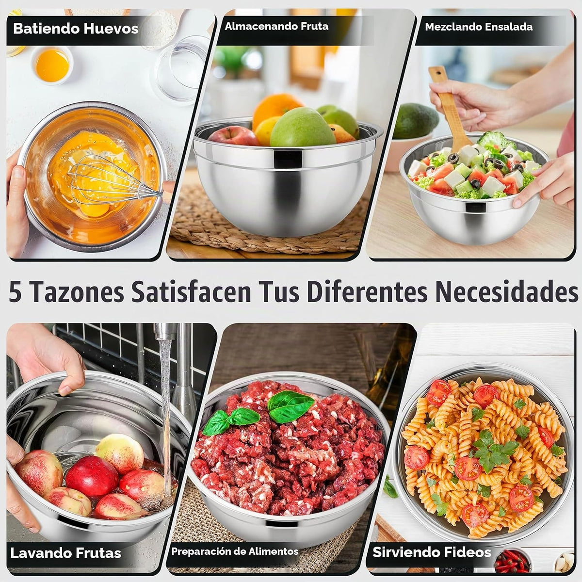 P&P CHEF Juego de tazones de metal con tapas, tapas herméticas y color