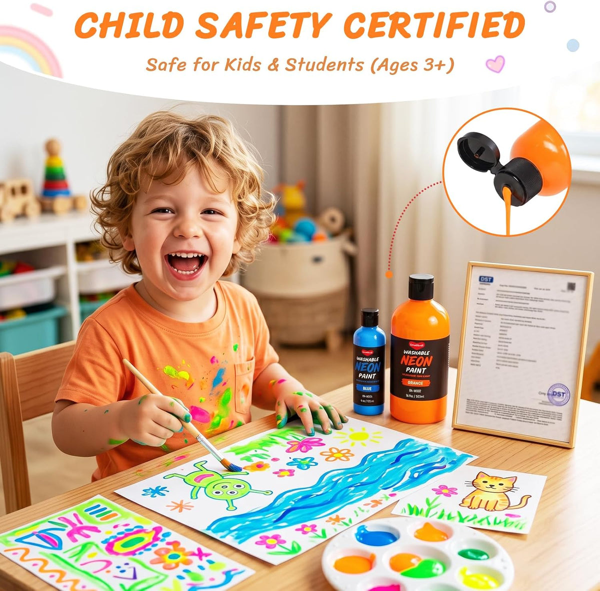 Juego de pintura lavable de neón grande para niños, 6 colores