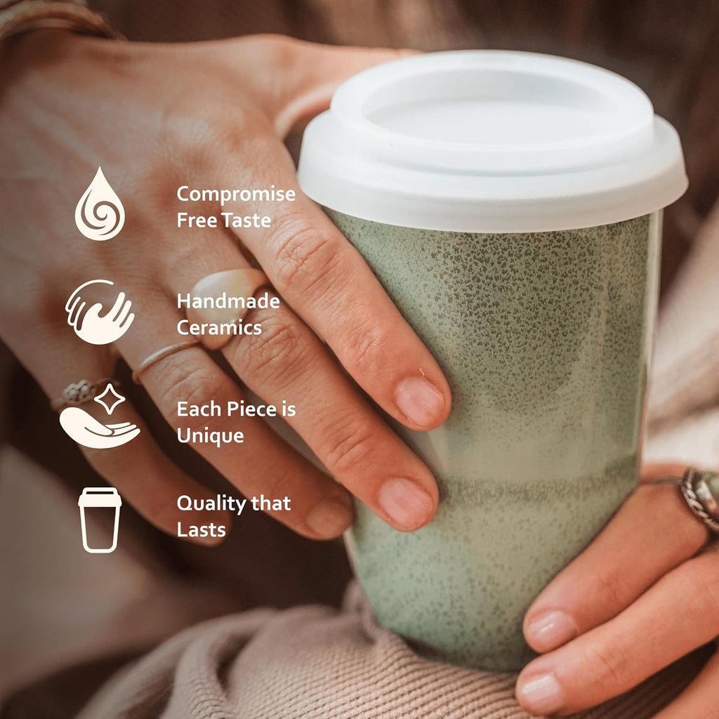 NOVA CERAMICS Taza de viaje – Vaso de café de viaje – Taza de café On the Go – Vaso de café verde apto para microondas y lavavajillas – Regalos para mujeres, hombres, él y ella – 12 oz – Esmeralda