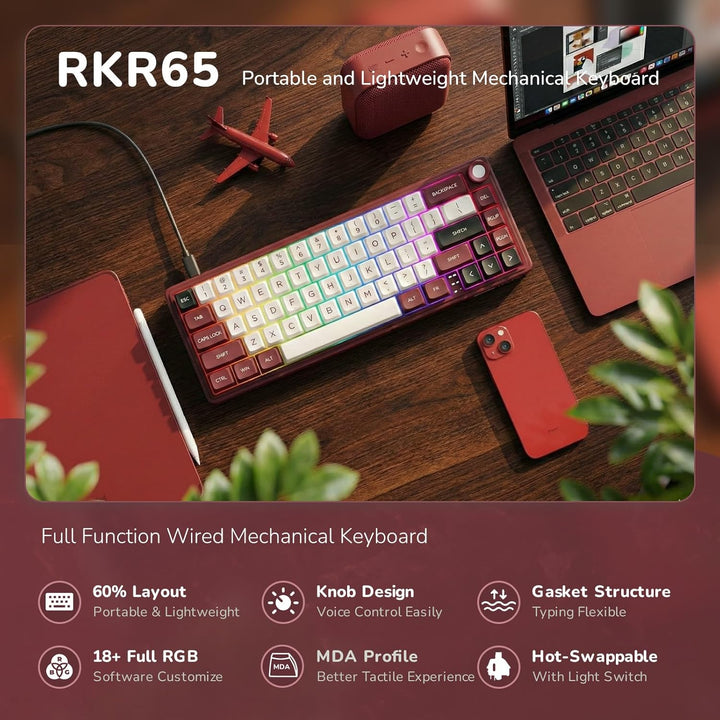 RK ROYAL KLUDGE R65 Teclado mecánico con cable con perilla de volum...