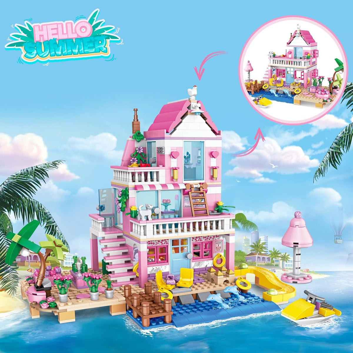 Pink Girls Seaside Beach Villa Friends - Juego de