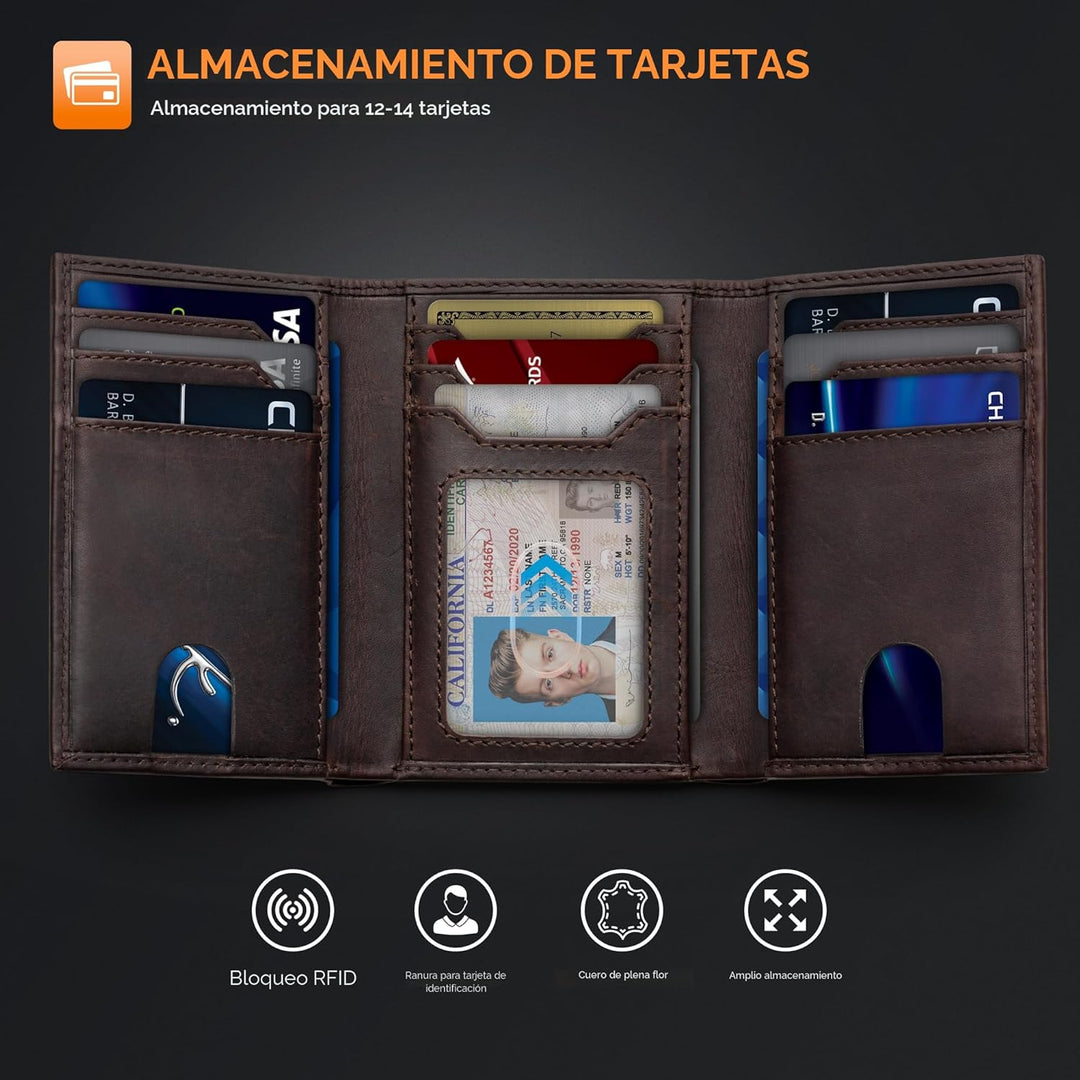 SERMAN BRANDS Billetera plegable para hombre - Cuero genuino con bl...