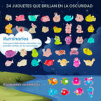 Bombas de baño para niños con juguete sorpresa en el interior, paquete de 42 bombas de baño para niños con 34 juguetes que brillan en la oscuridad y 8 juguetes de animales marinos en el interior, burbujas orgánicas para niños y niñas.