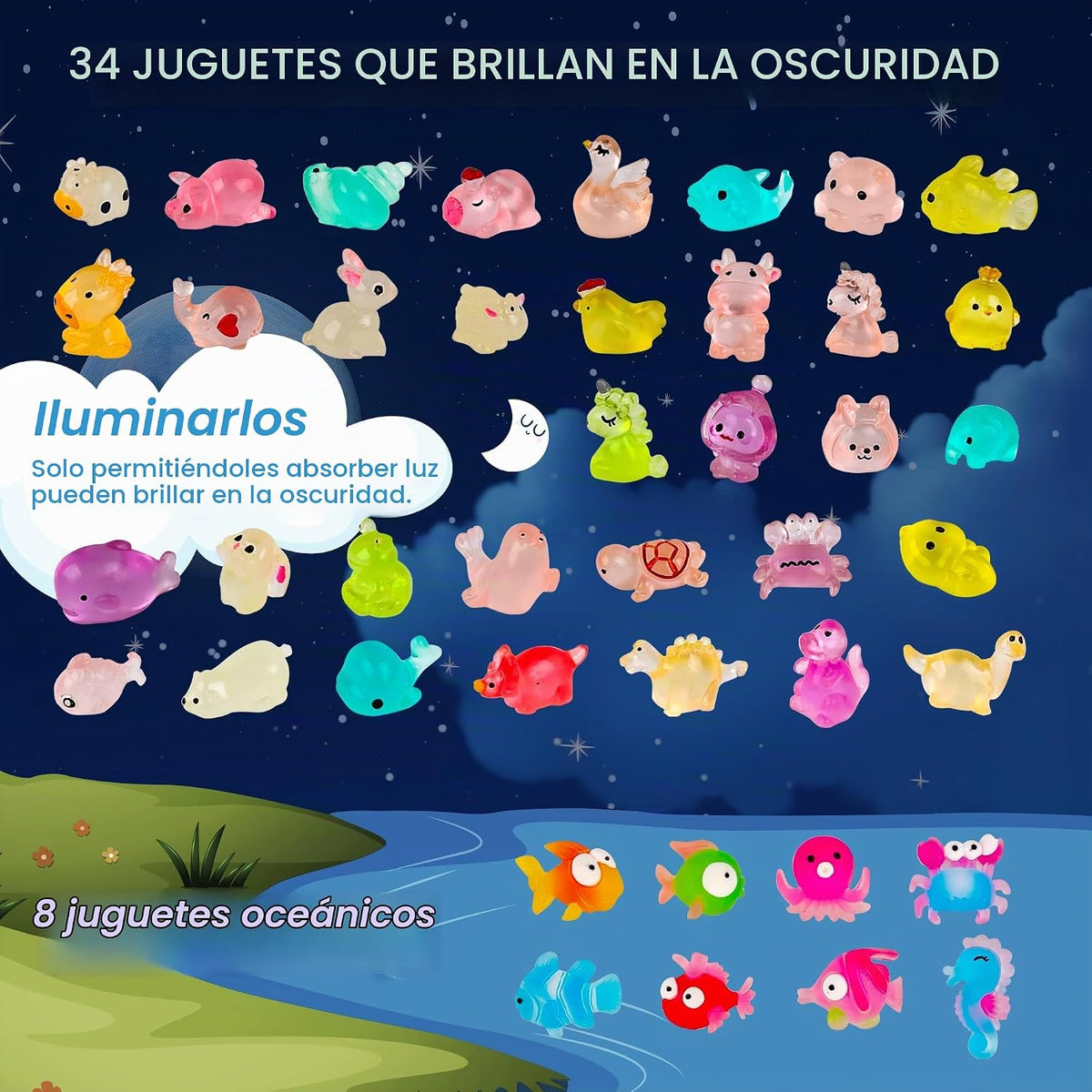 Bombas de baño para niños con juguete sorpresa en el interior, paquete de 42 bombas de baño para niños con 34 juguetes que brillan en la oscuridad y 8 juguetes de animales marinos en el interior, burbujas orgánicas para niños y niñas.