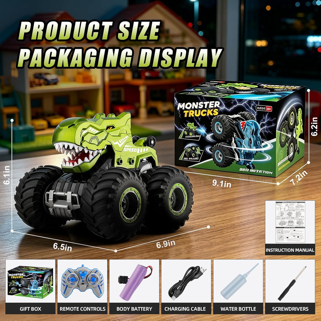 pinkking Monster Truck Toys - Camión de dinosaurio a control remoto con luces, sonido y aerosol, camión RC 1:18 con giros de 360° y derrape, vehículo de control remoto 4WD con carga USB Type-C para niños