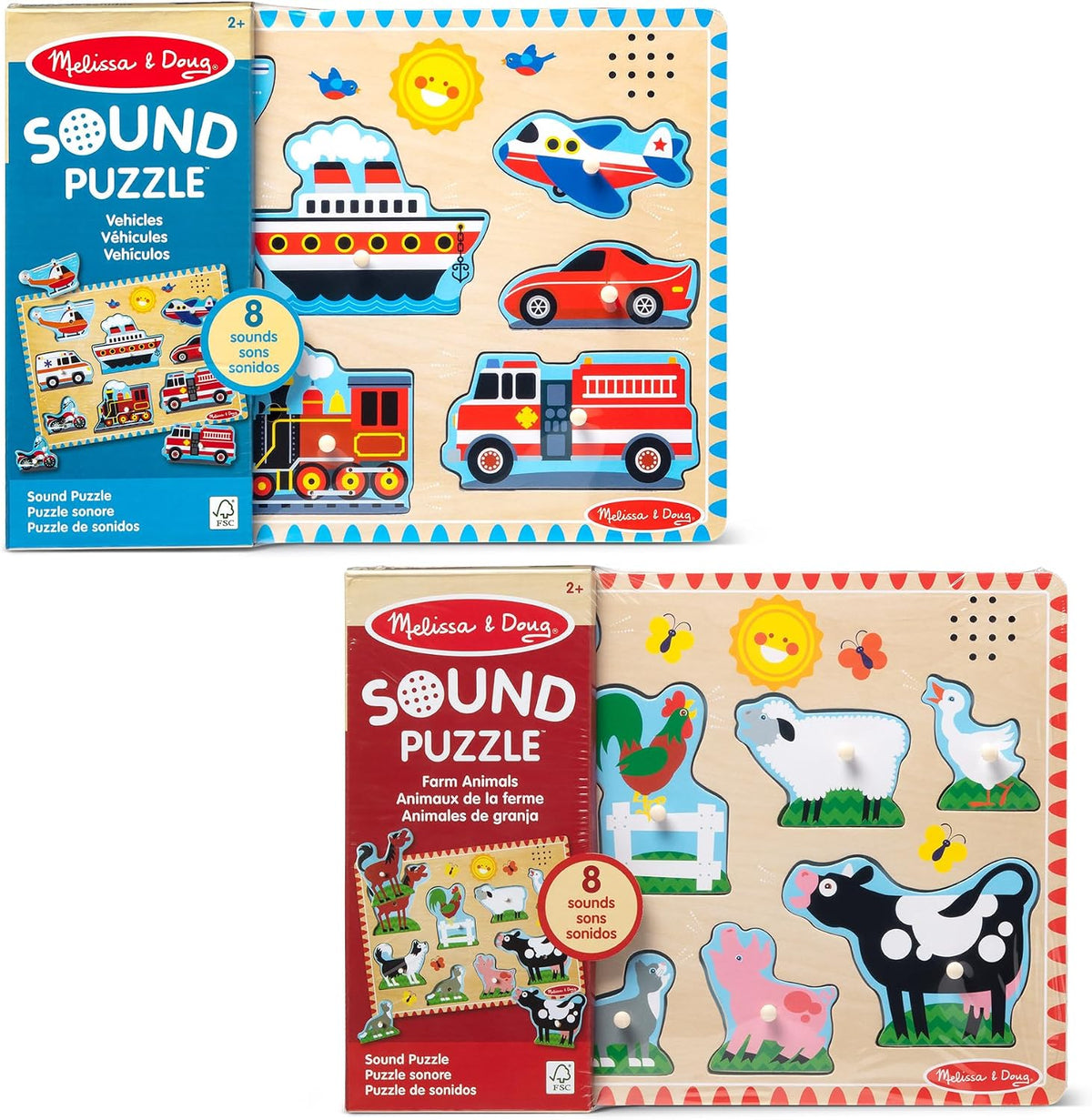 Melissa & Doug Rompecabezas de madera con sonido activado por luz, paquete de 2 unidades para niños y niñas preescolares - Animales de granja, vehículos