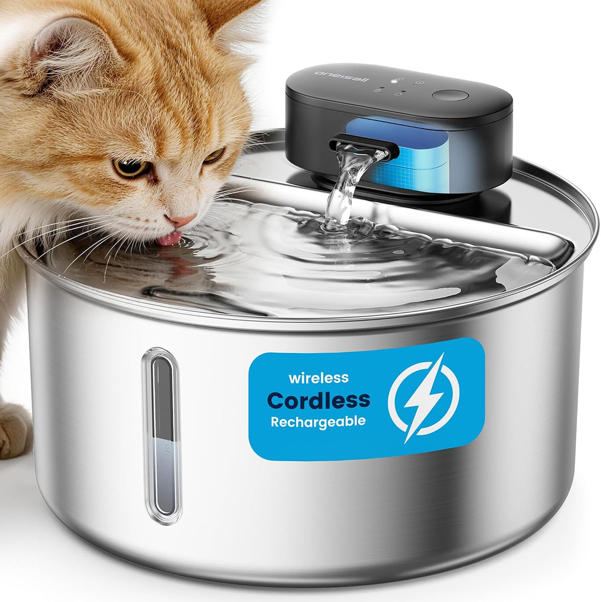 oneisall Fuente de agua inalámbrica de acero inoxidable para gatos de 108