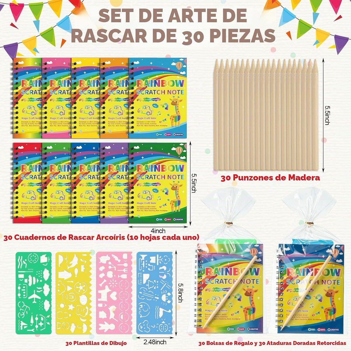 Prudiut Paquete de 30 cuadernos Rainbow Scratch Art con lápiz óptico para