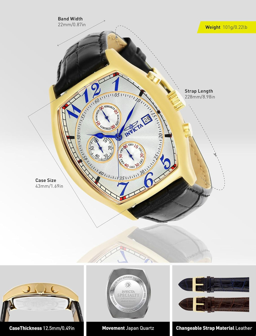 Invicta 14330 Specialty reloj chapado en oro amarillo 18 K con tres bandas de cuero para hombre