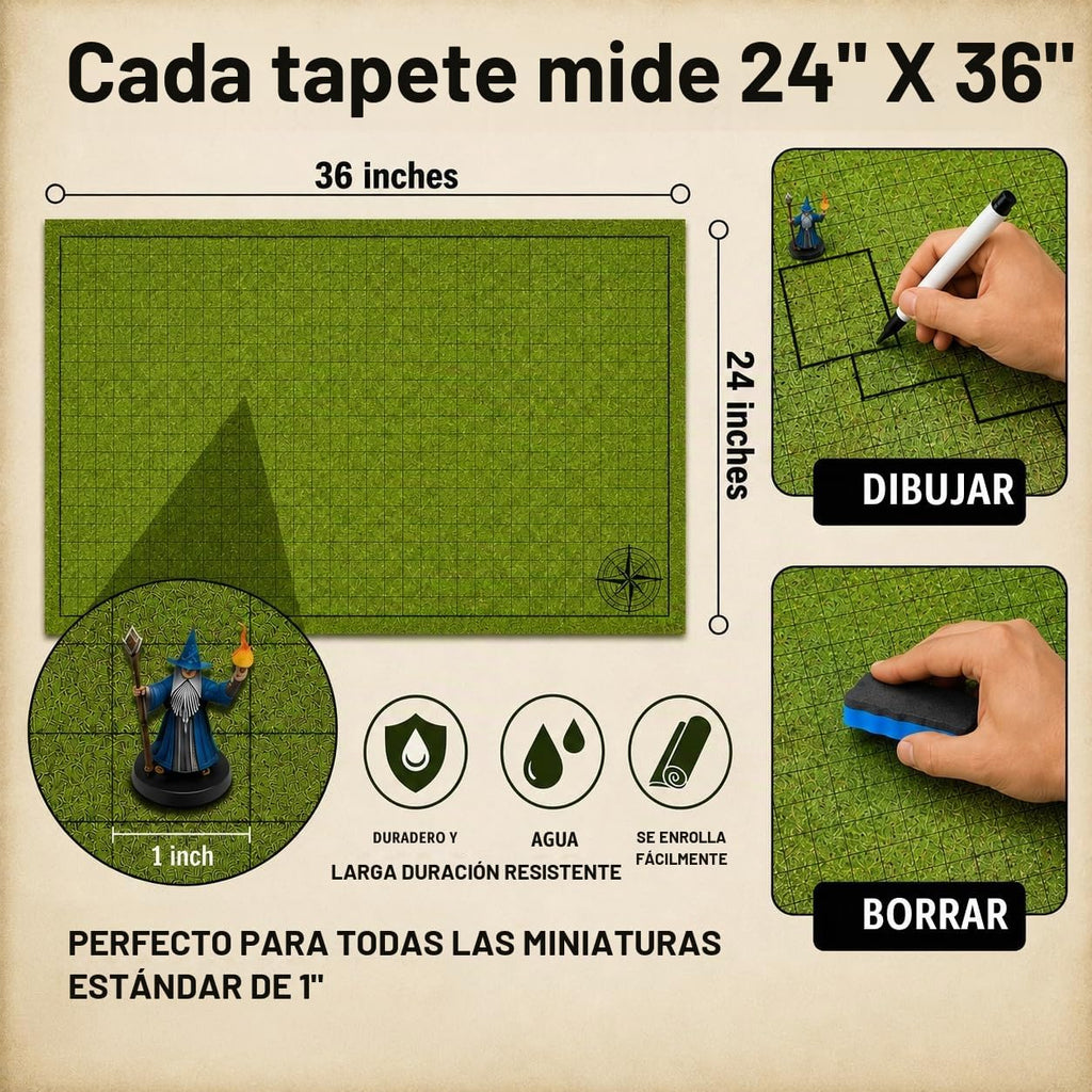 DND - Juego de iniciación | 3 alfombrillas de doble cara de 24 x 36 pulgadas | 6 terrenos incluye marcadores de borrado en seco, borrador, dados, clips con 47 calcomanías reutilizables para