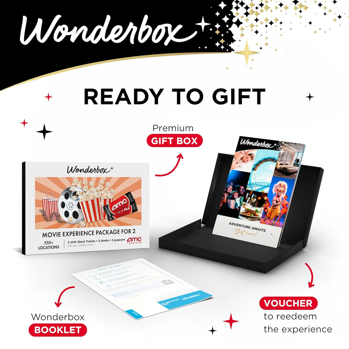 Experiencia de Noche de Cine WONDERBOX AMC para 2, Caja de Regalo con 2 Entradas de Cine, Bebidas y Palomitas, Válido en 550 Ubicaciones