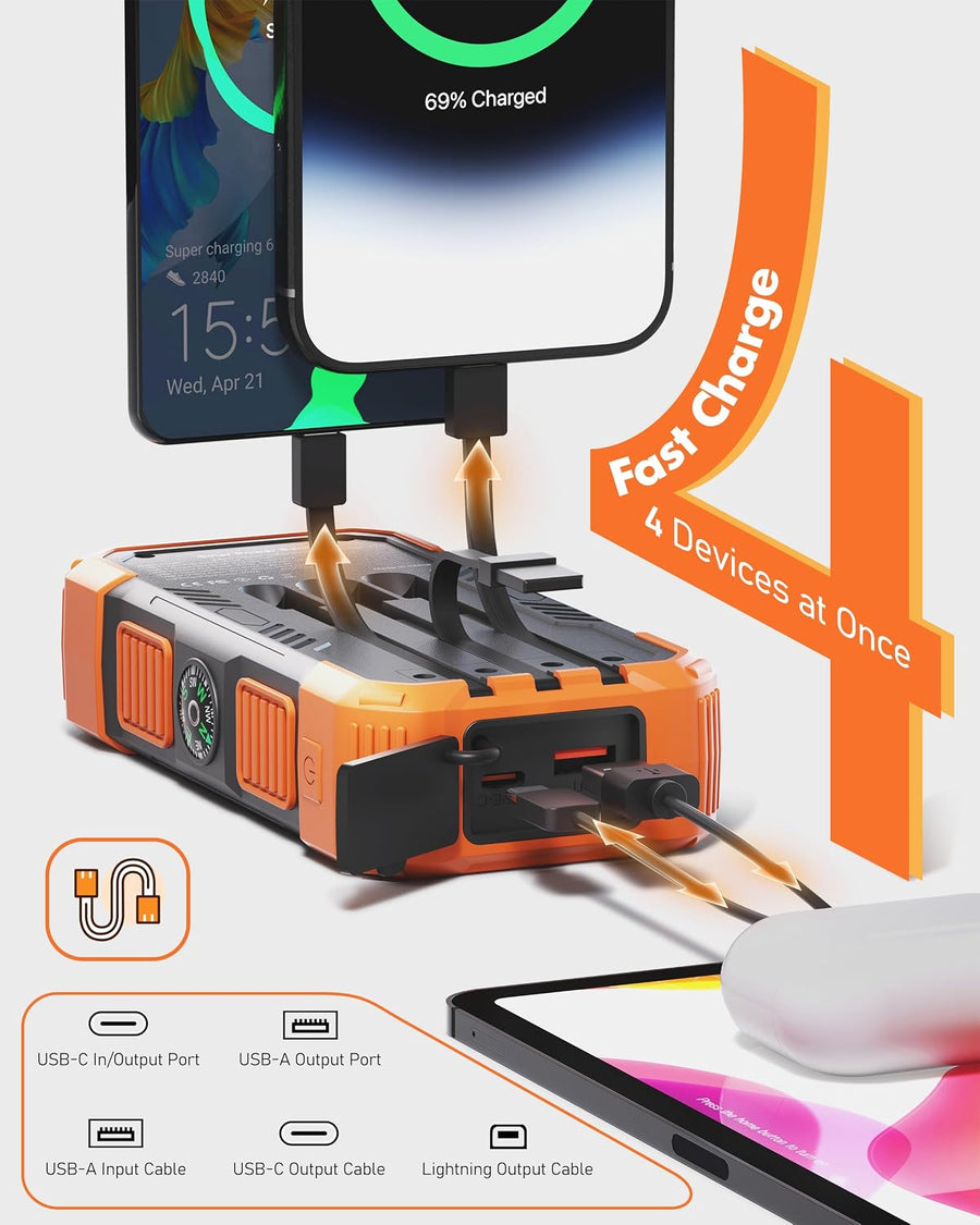 GULLVEN Cargador solar de 20000 mAh con 3 cables integrados, cargad...