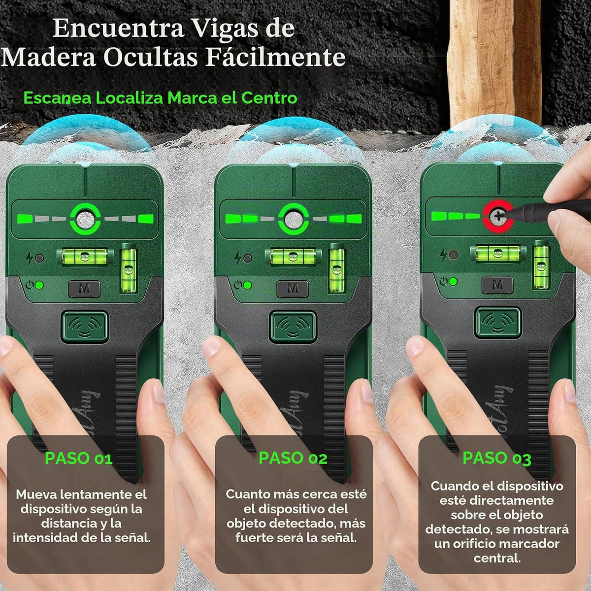 Escáner de pared con buscador de pernos, buscador de pernos 6 en 1 con láser de línea cruzada, detecta pernos de madera y cables de CA vivos, niveles de burbuja duales, regla integrada para