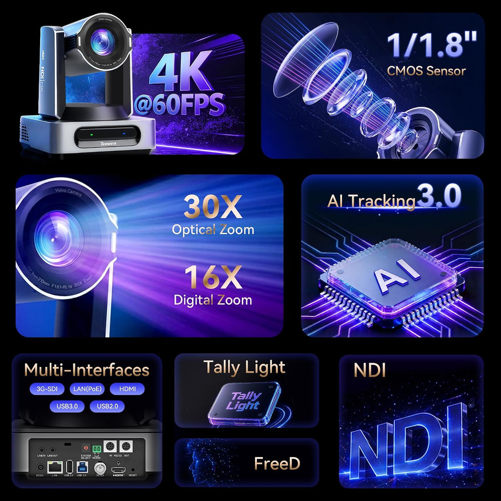 Tenveo Paquete de cámara PTZ, 4K 60FPS 30X AI Tracking NDI SDI/HDMI/USB3.0/LAN (PoE) Cámara PTZ (*3), controlador de joystick NDI y conmutador de video HDMI + SDI 4K para eventos en vivo grandes