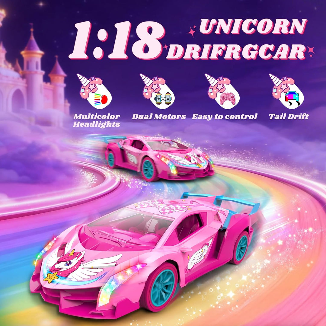 Auto RC de unicornio para niñas, auto de control remoto Rainbow Glo...