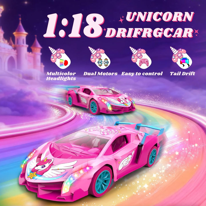 Auto RC de unicornio para niñas, auto de control remoto Rainbow Glo...