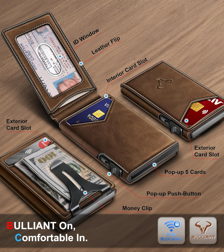 Cartera Bulliant para hombre, cartera con clip de dinero delgada pa...