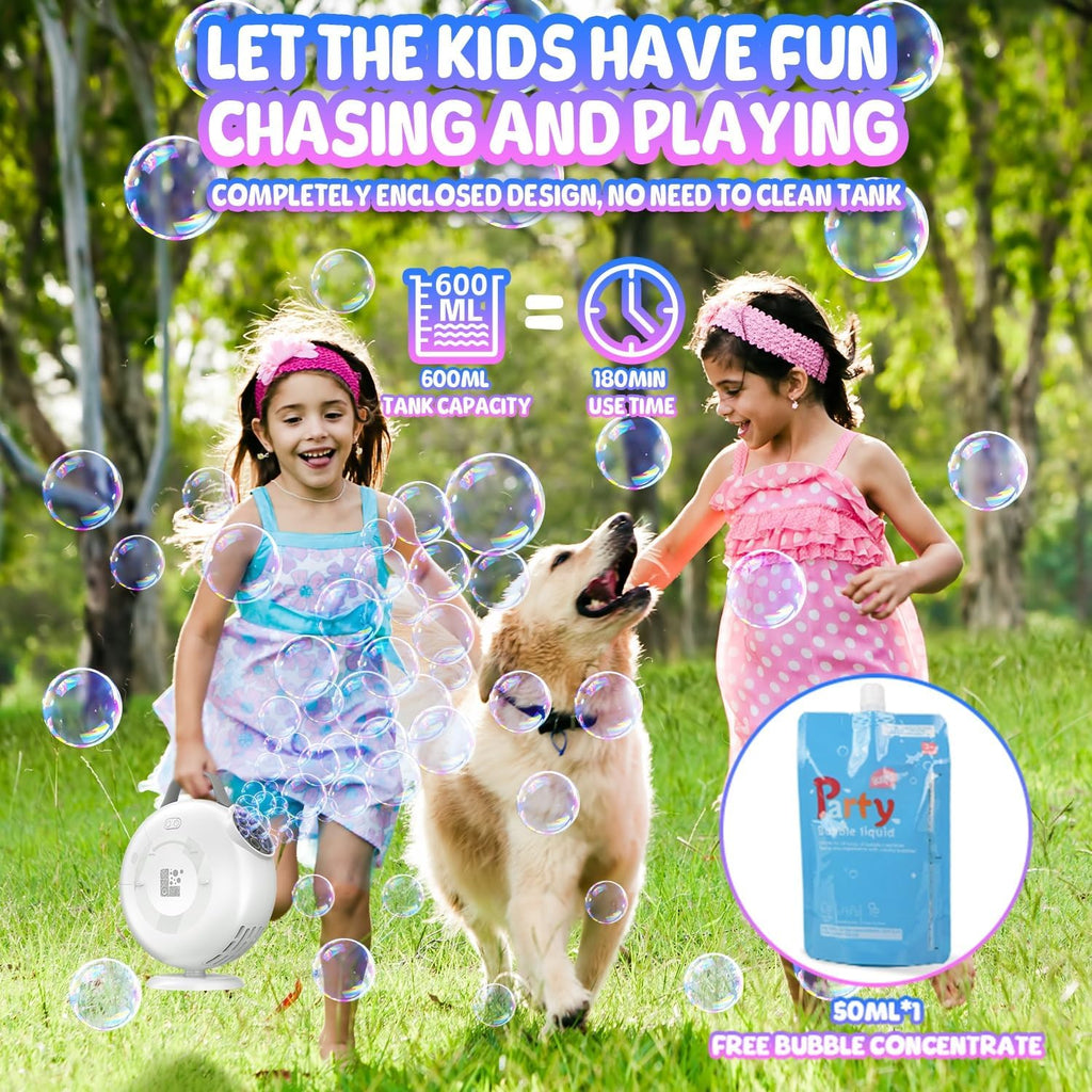 Máquina de burbujas, soplador automático de burbujas para niños pequeños, más de 8000 burbujas por minuto, enchufe eléctrico oscilante de 90° 200° o baterías para hacer burbujas, juguetes para fiesta