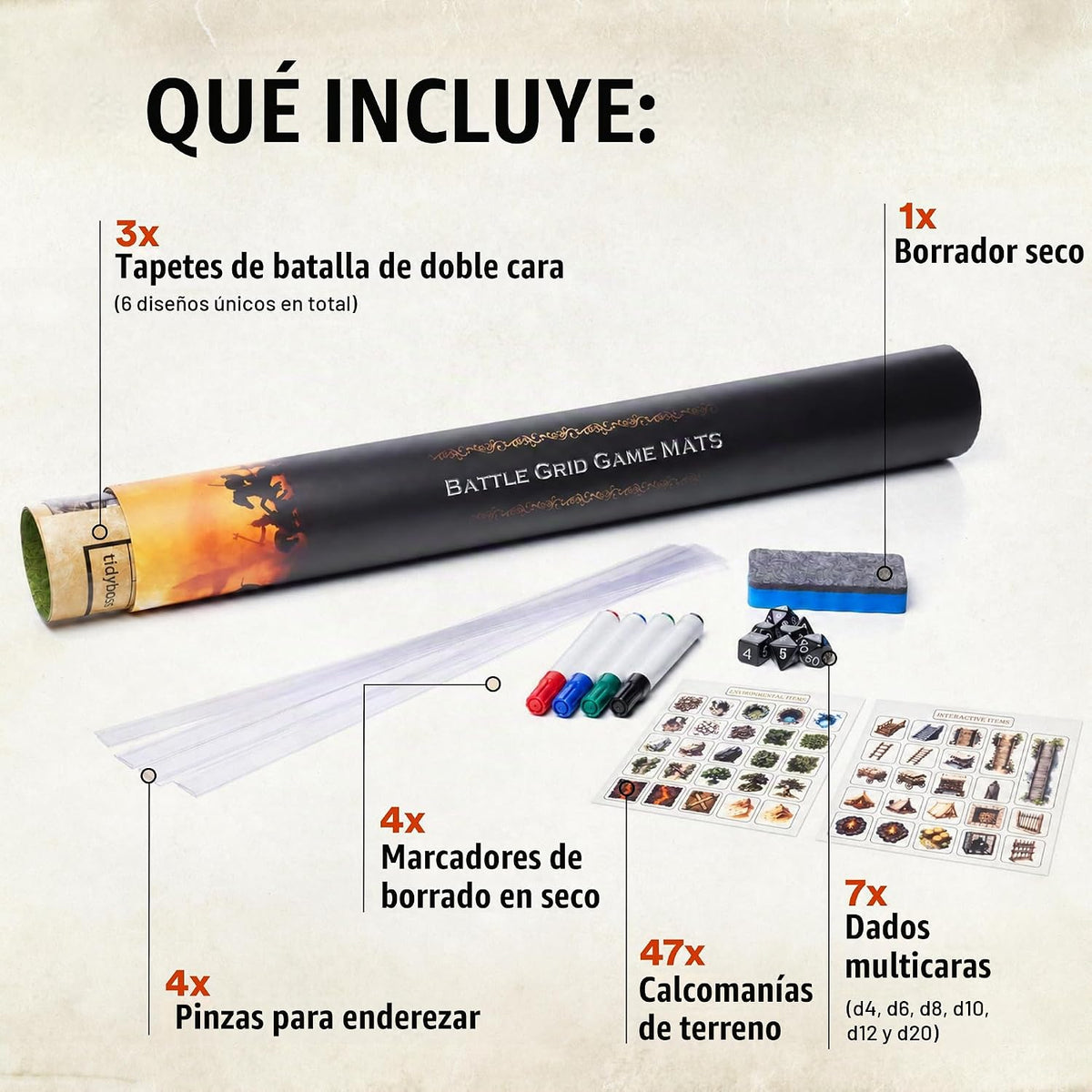 DND - Juego de iniciación | 3 alfombrillas de doble cara de 24 x 36 pulgadas | 6 terrenos incluye marcadores de borrado en seco, borrador, dados, clips con 47 calcomanías reutilizables para