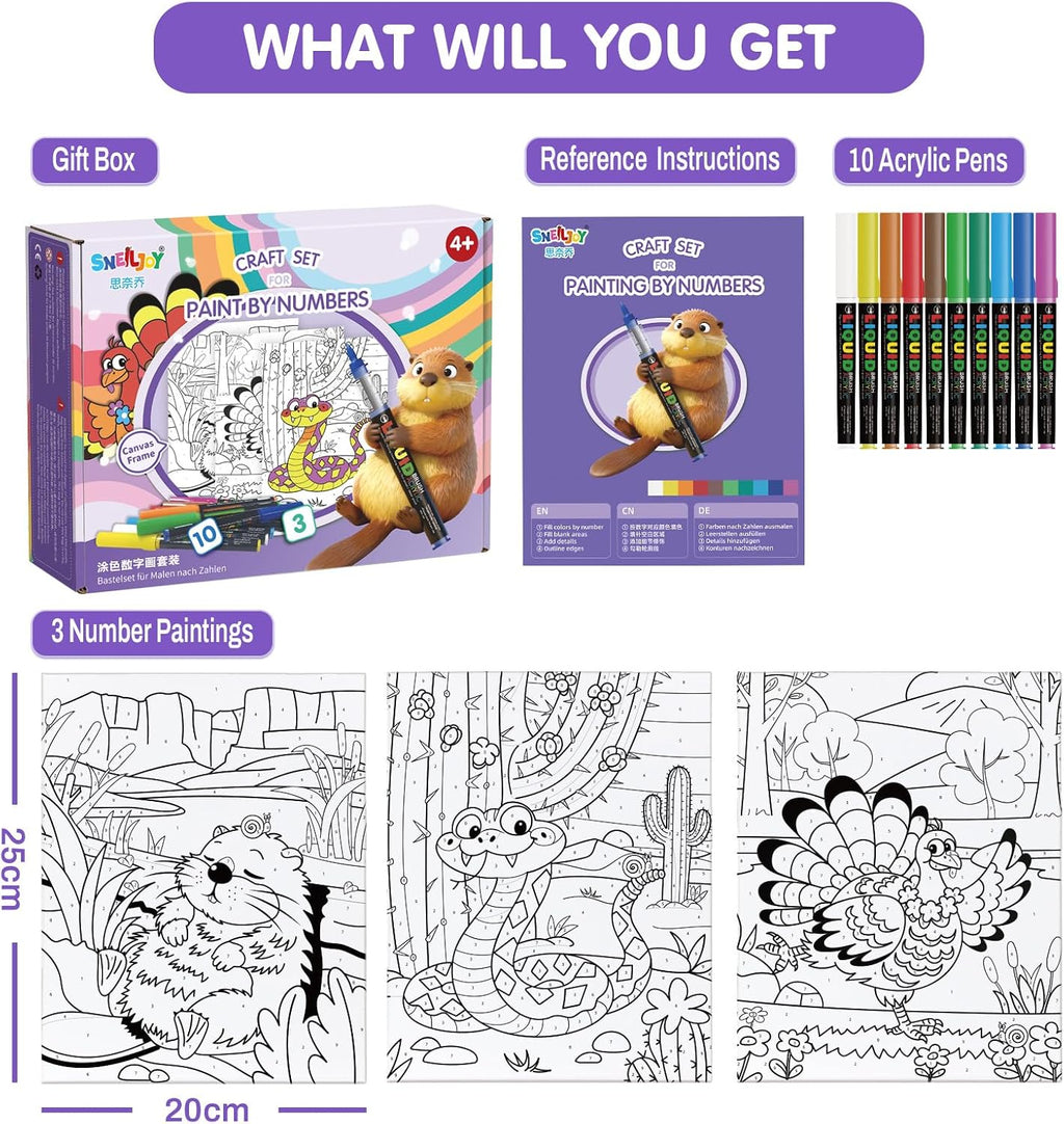 SNEILJOY Kit de pintura por números para niños de 4 a 12 años, juego de 3