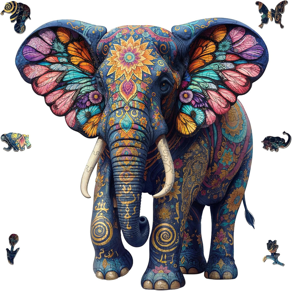Rompecabezas de madera para adultos, rompecabezas de madera de elefante de 200 piezas, rompecabezas de madera con forma de animal único para adultos y niños, divertidos rompecabezas de elefante floral