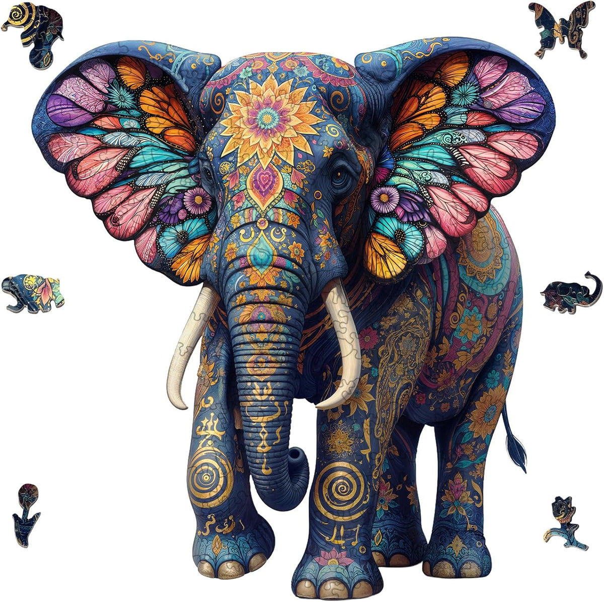Rompecabezas de madera para adultos, rompecabezas de madera de elefante de 200 piezas, rompecabezas de madera con forma de animal único para adultos y niños, divertidos rompecabezas de elefante floral