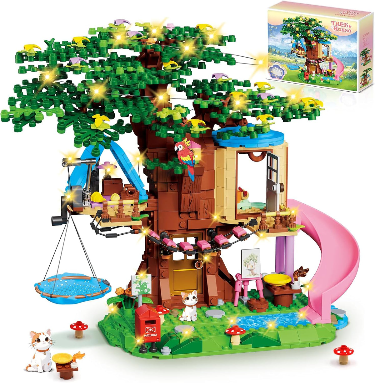 Treehouse - Juego de construcción compatible con amigos, 731 piezas para niñas, kit de construcción de casa de árbol forestal, juguetes con luz LED, gato, tobogán y hamaca de cielo, regalos de cumpleaños de Navidad para niños y niñas de 6 a 12 años