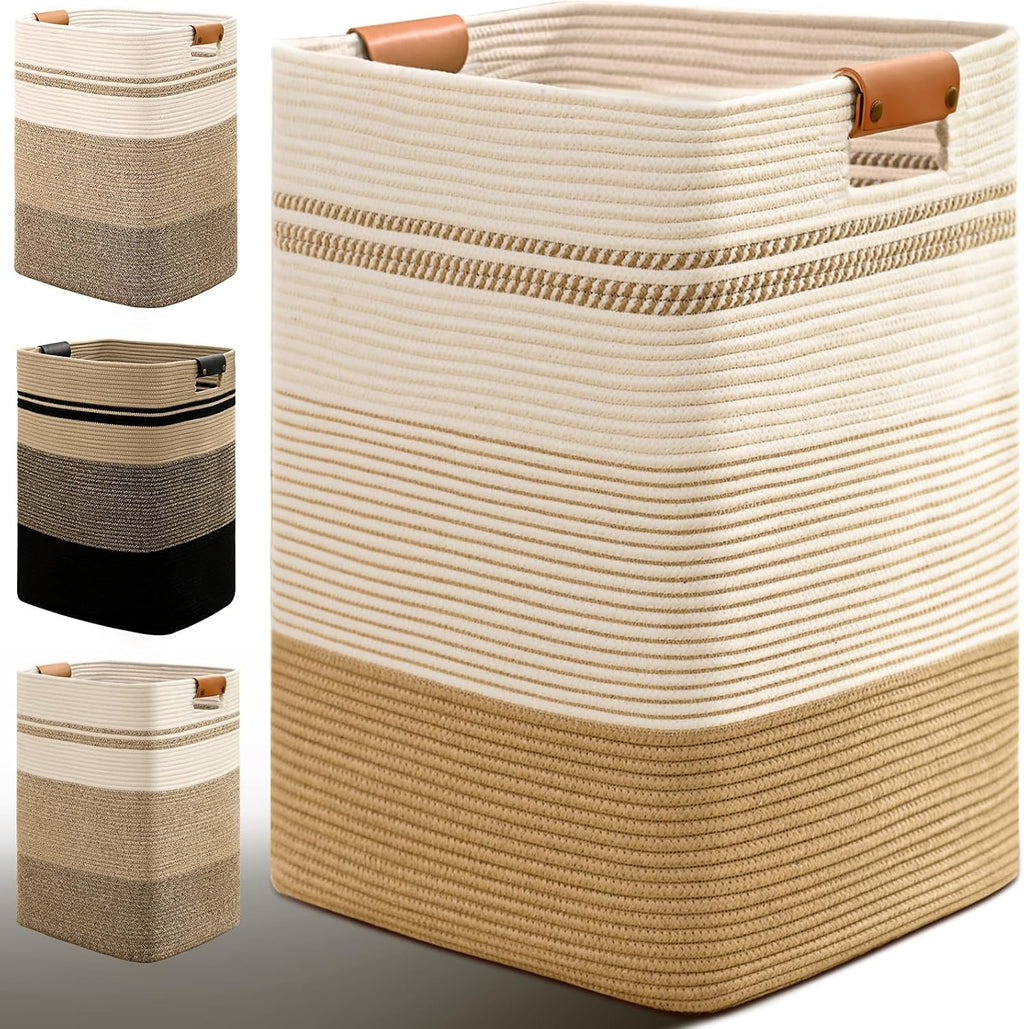 Cesta de lavandería de 85 litros de altura con asas de cuero, cesta de ropa rectangular grande para organizar, cestas de algodón tejido para lavandería, cestas de almacenamiento para