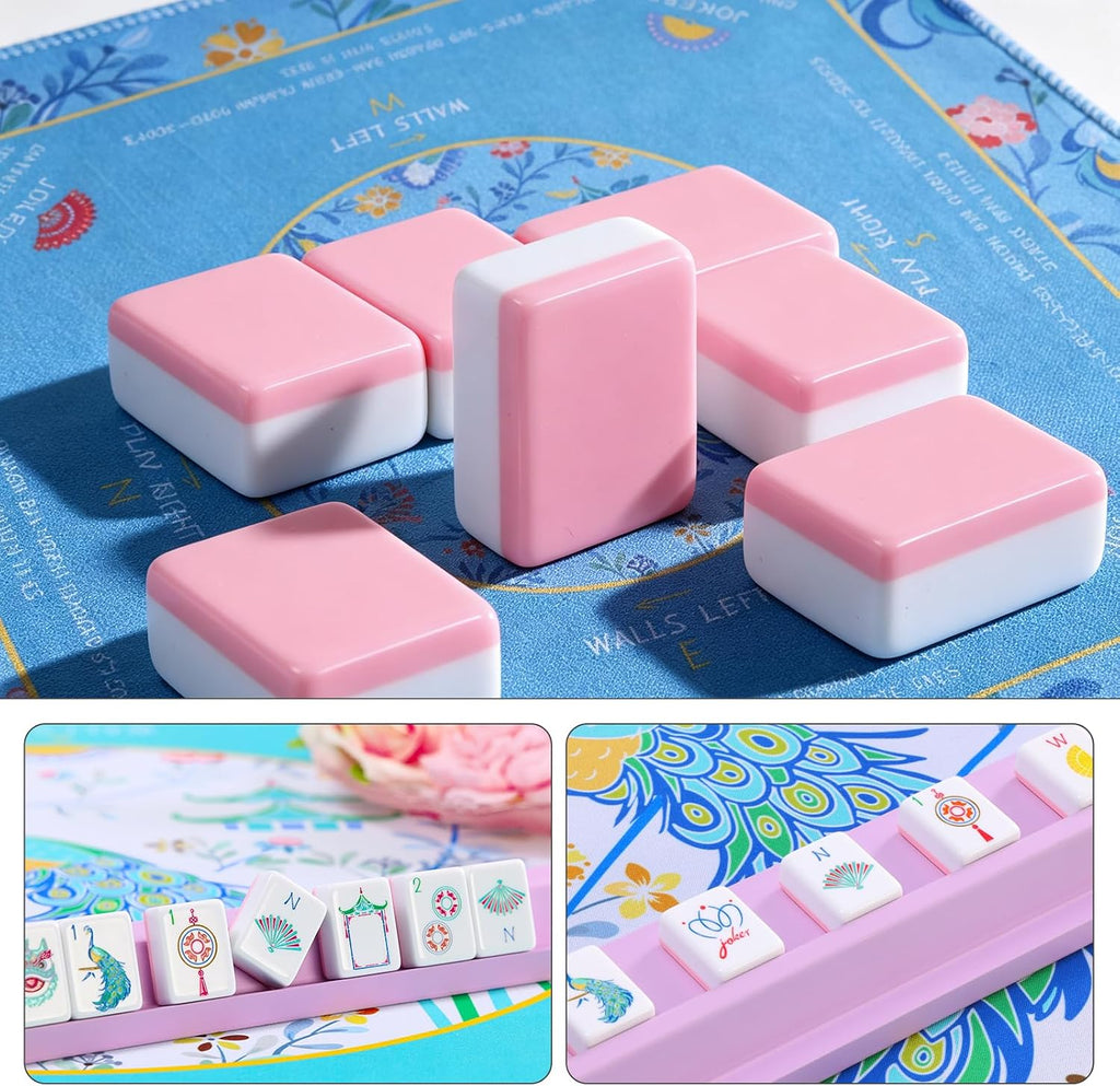 Set de 160 Fichas de Mahjong en color Rosa con Grabado y Bolsa de Transporte y Accesorios, Juego de Fichas de Mahjong de 1.2’’