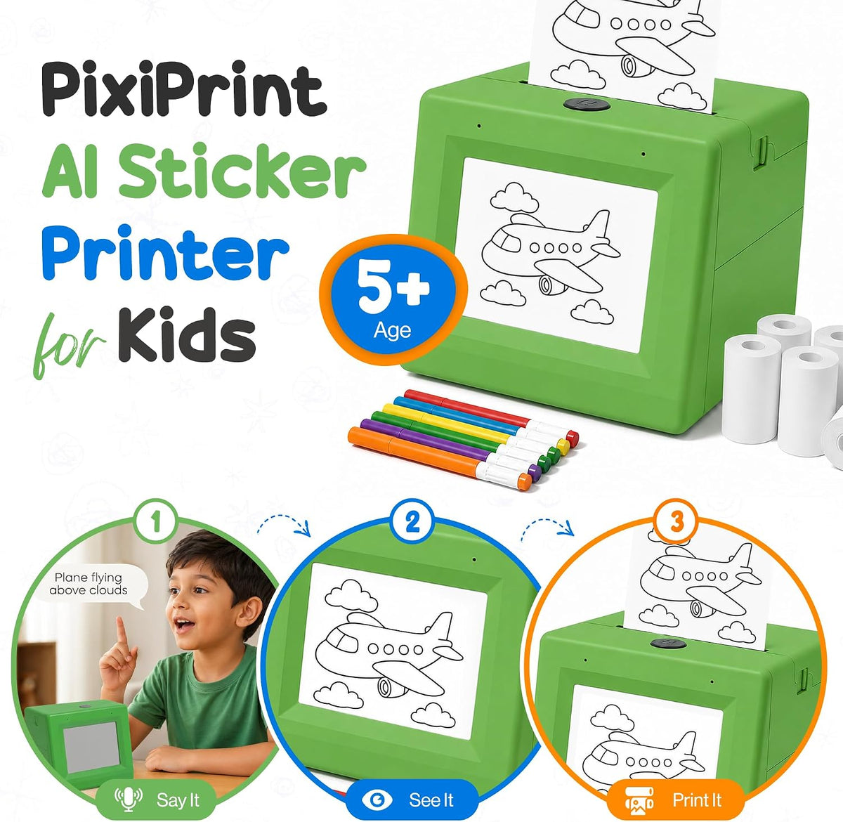 PixiPrint AI - Impresora de calcomanías para niños, juego de dibujo y
